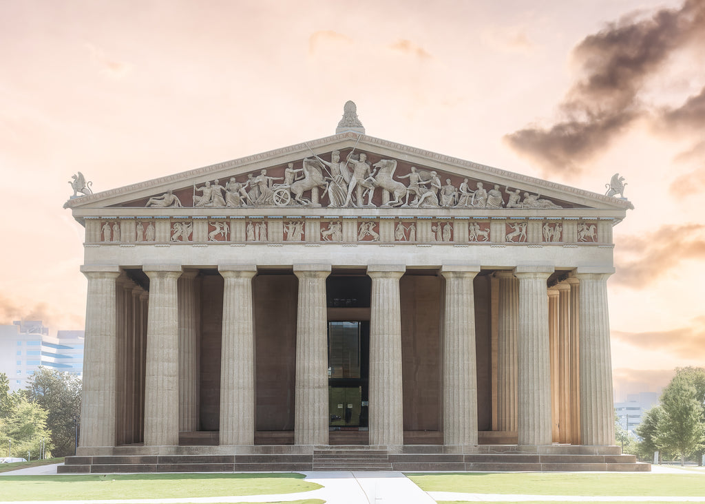 Nashville Parthenon replica at golden hour – Doric columns and ornate friezes under a dramatic sunset sky, canvas print