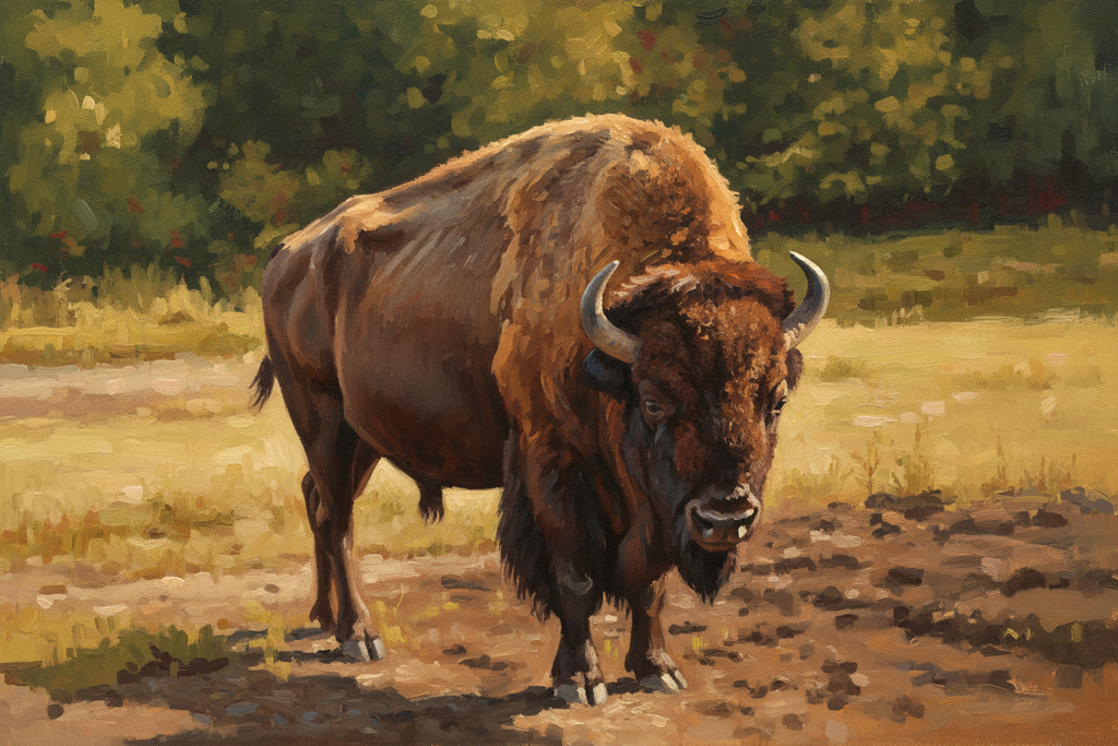 A majestic bison rendered in a painterly fine art style with warm earth tones and expressive brushwork