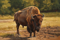 A majestic bison rendered in a painterly fine art style with warm earth tones and expressive brushwork